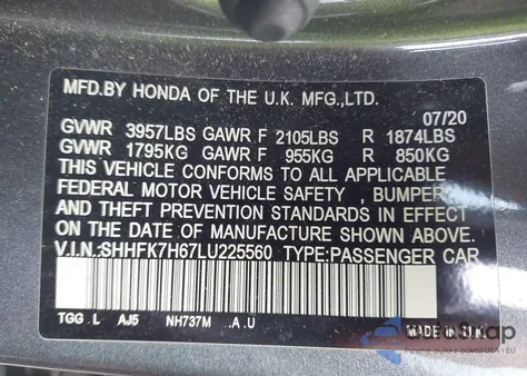 2020 Honda Civic Ex from USA, damaged, VIN SHHFK7H67LU225560